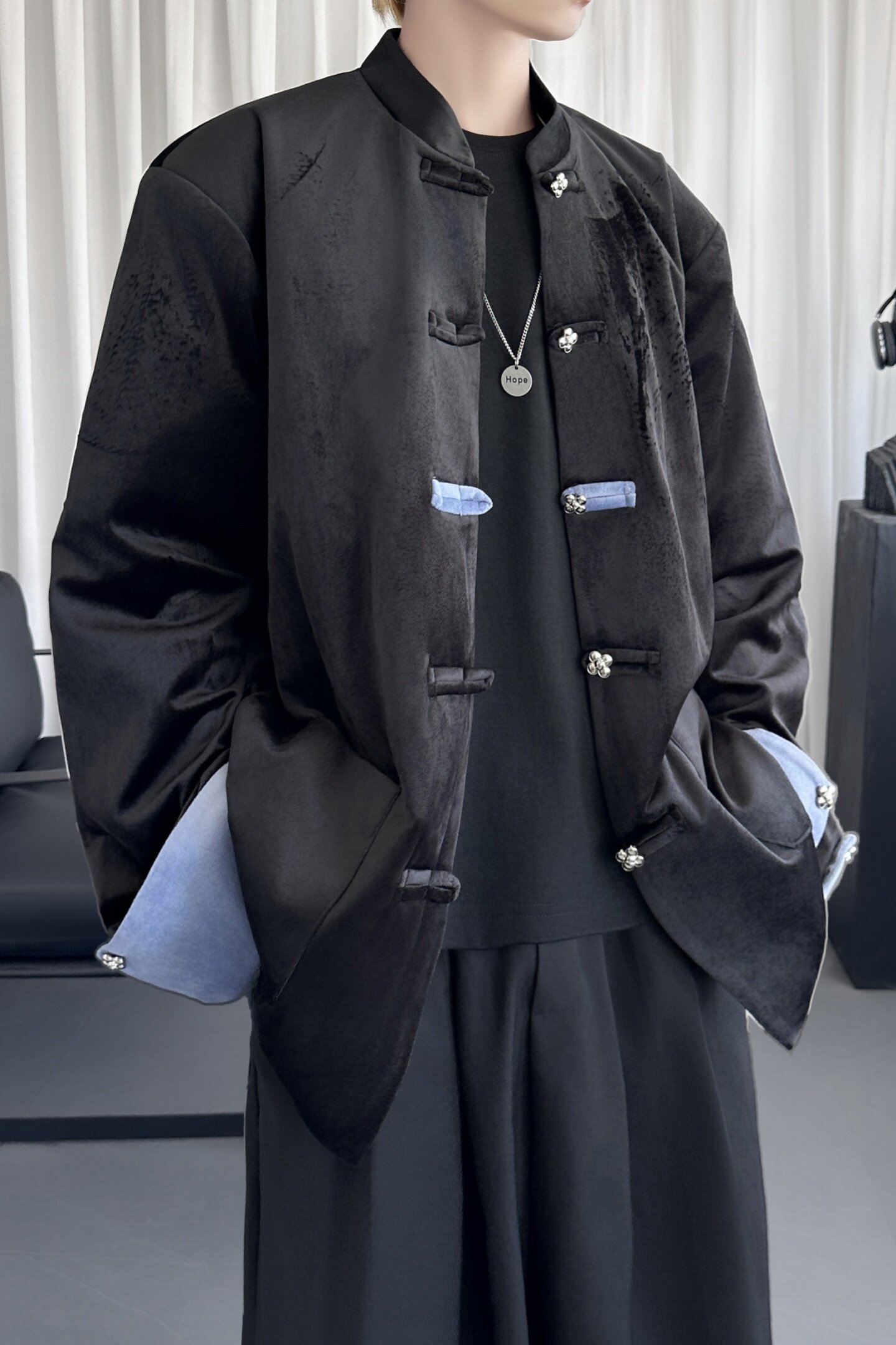 新中式黑色丝绒盘扣外套中山领休闲宽松西服外套男女Y9591-P98,男装西服,星座1017