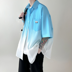 wassup happy渐变短袖衬衫男士夏季2025新款潮牌宽松衬衣休闲外套图片