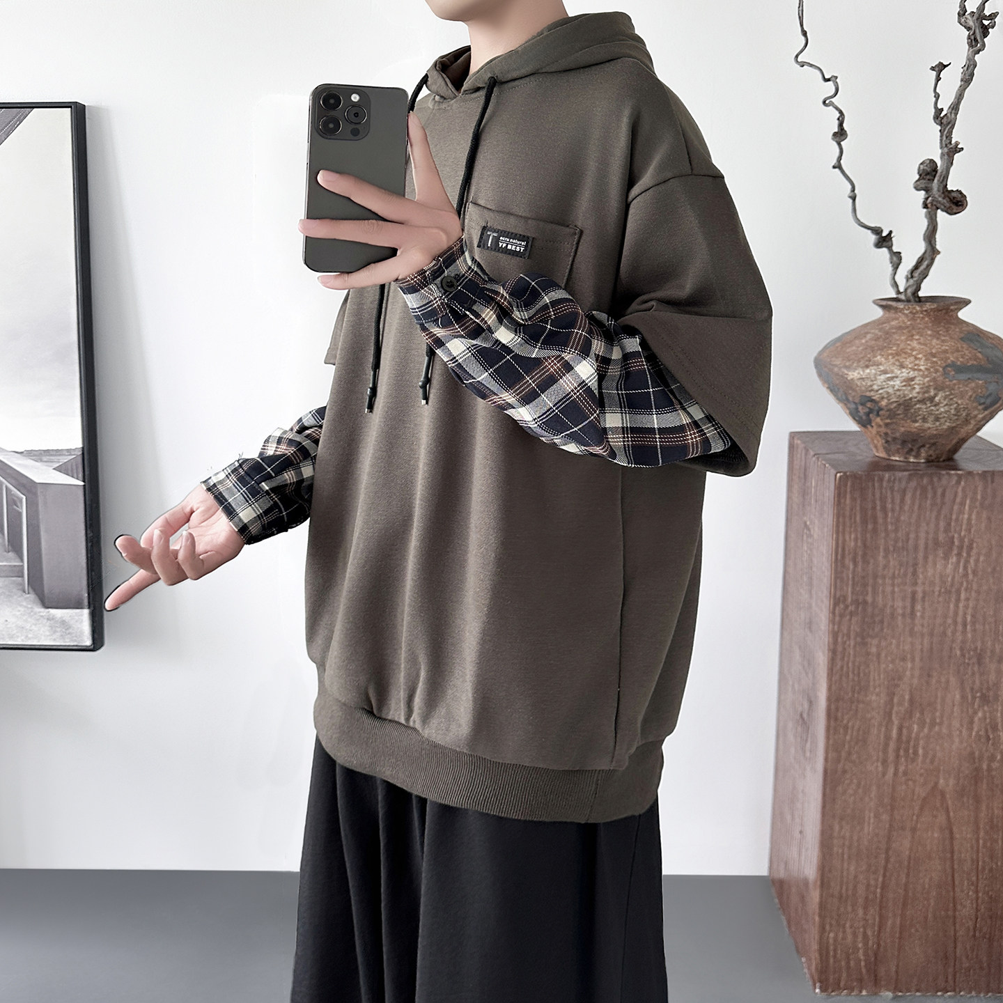 现货连帽卫衣男潮牌ins假两件拼接格子慵懒风Y8212-P68,男装卫衣,星座1017