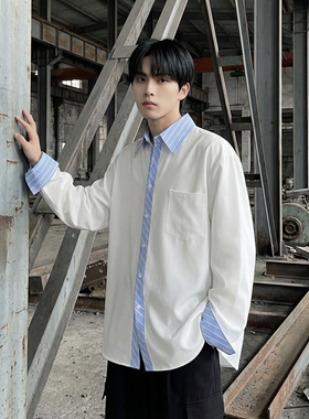 现货 高级感小众设计拼接衬衫男痞帅纯色宽松潮流衬衣 S1858-P68