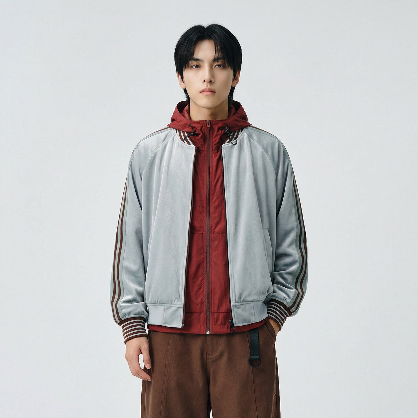 新款现货撞色织带丝绒男春季新款拼接设计美式复夹克JK9931-P98，男装夹克，星座1017