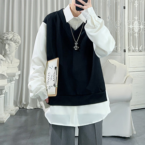 现货假两件长袖衬衫宽松衬衣港风休闲百搭上衣 GK25-P58，男装衬衫，星座1017