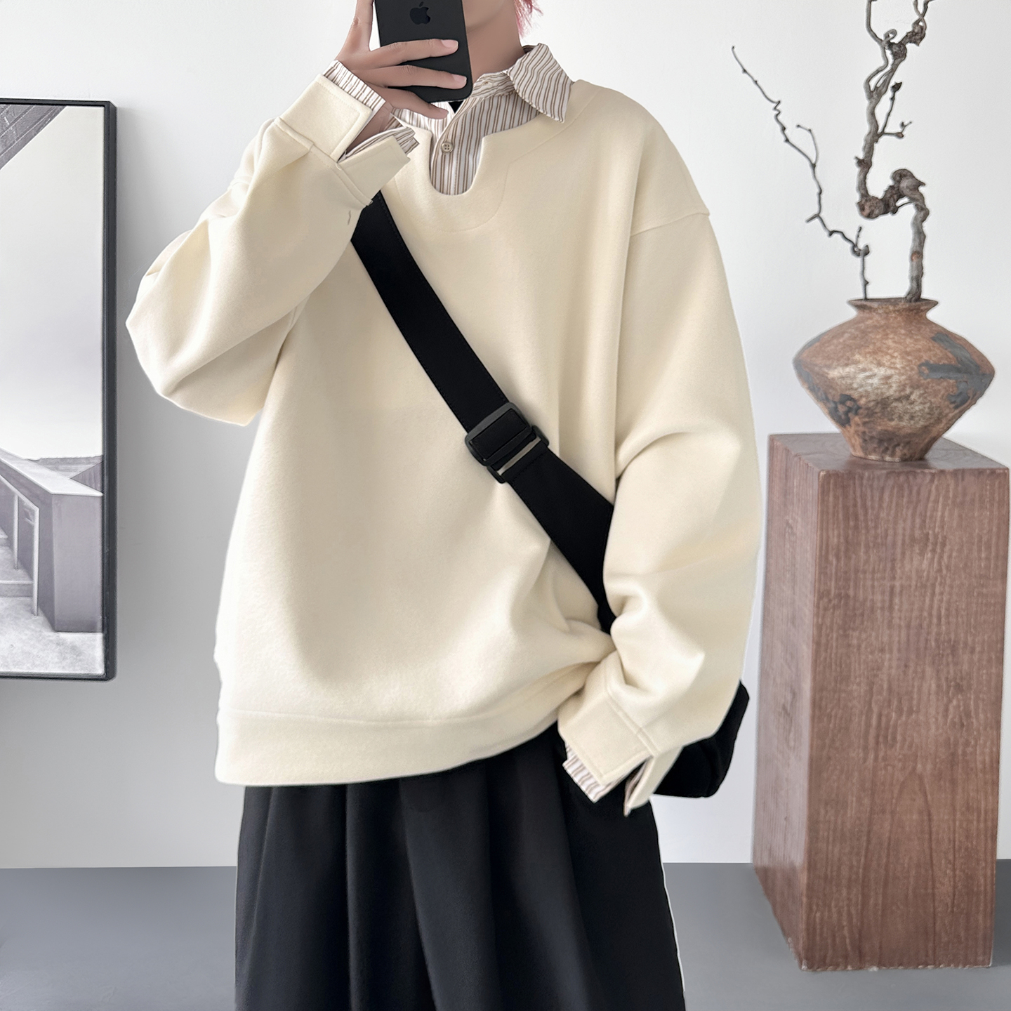 现货美式衬衫领拼条纹假两件卫衣男设计感潮流W7121-P78,男装衬衫,星座1017 现货美式衬衫领拼条纹假两件卫衣男设计感潮流W7121-P78,男装衬衫,星座1017