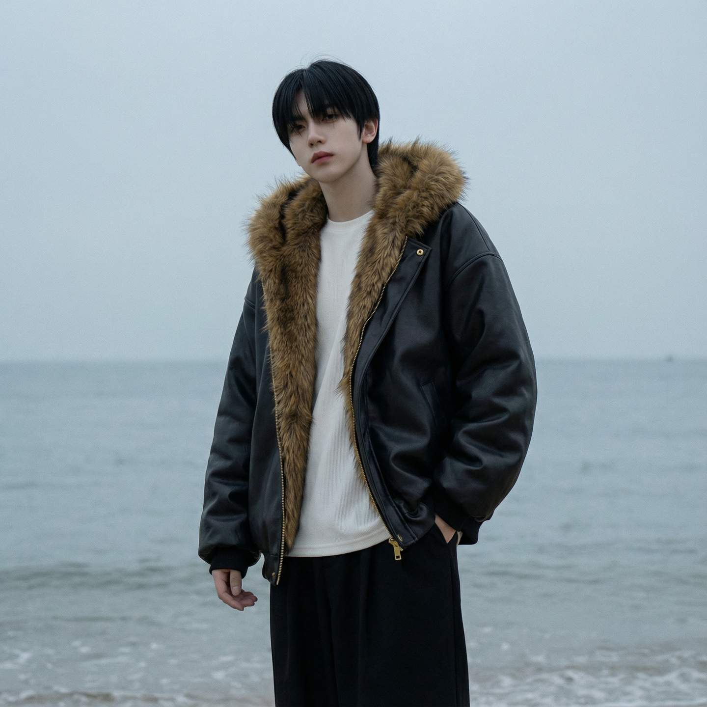 现货痞帅皮衣两面穿外套新款加厚PU皮毛一体机车外套M2483-P138，男装皮衣，星座1017