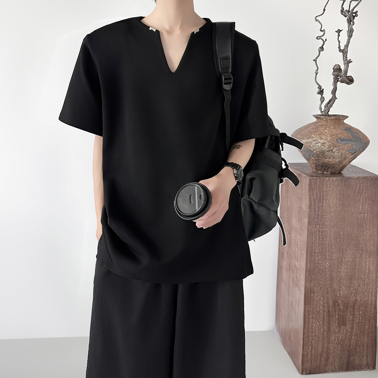 痞帅垫肩黑色纯色半袖亨利V领金属扣宽松短袖T恤H2652-P68，商品下架区商品下架区，星座1017