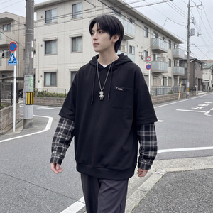 现货 春季连帽卫衣男潮牌ins假两件拼接格子慵懒风 W8212-P68图片