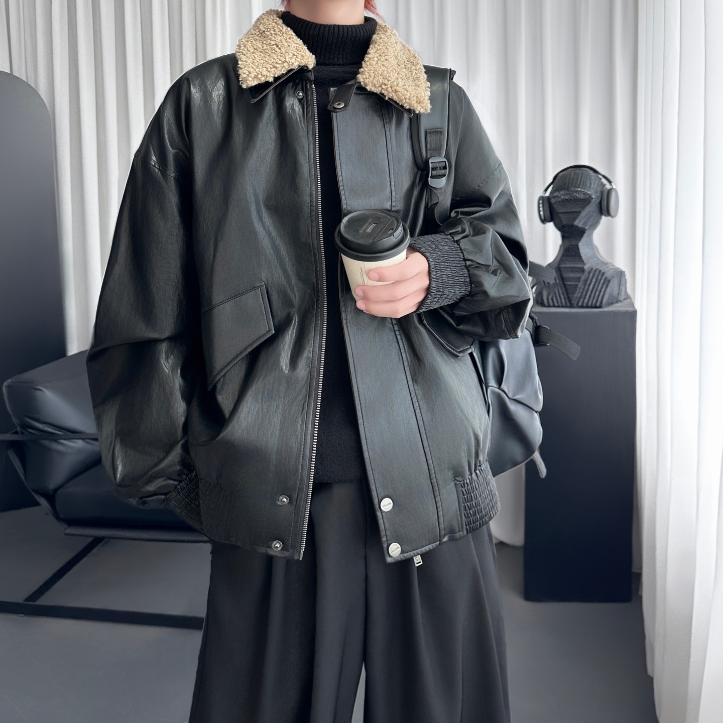 羊羔毛领皮衣油蜡感夹克美式复古工装休闲情侣外套Y5112-P138，男装夹克，星座1017