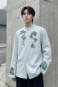 现货春款风灵芝刺绣宽松休闲立领长袖青灰色衬衣 SA783-P88图片