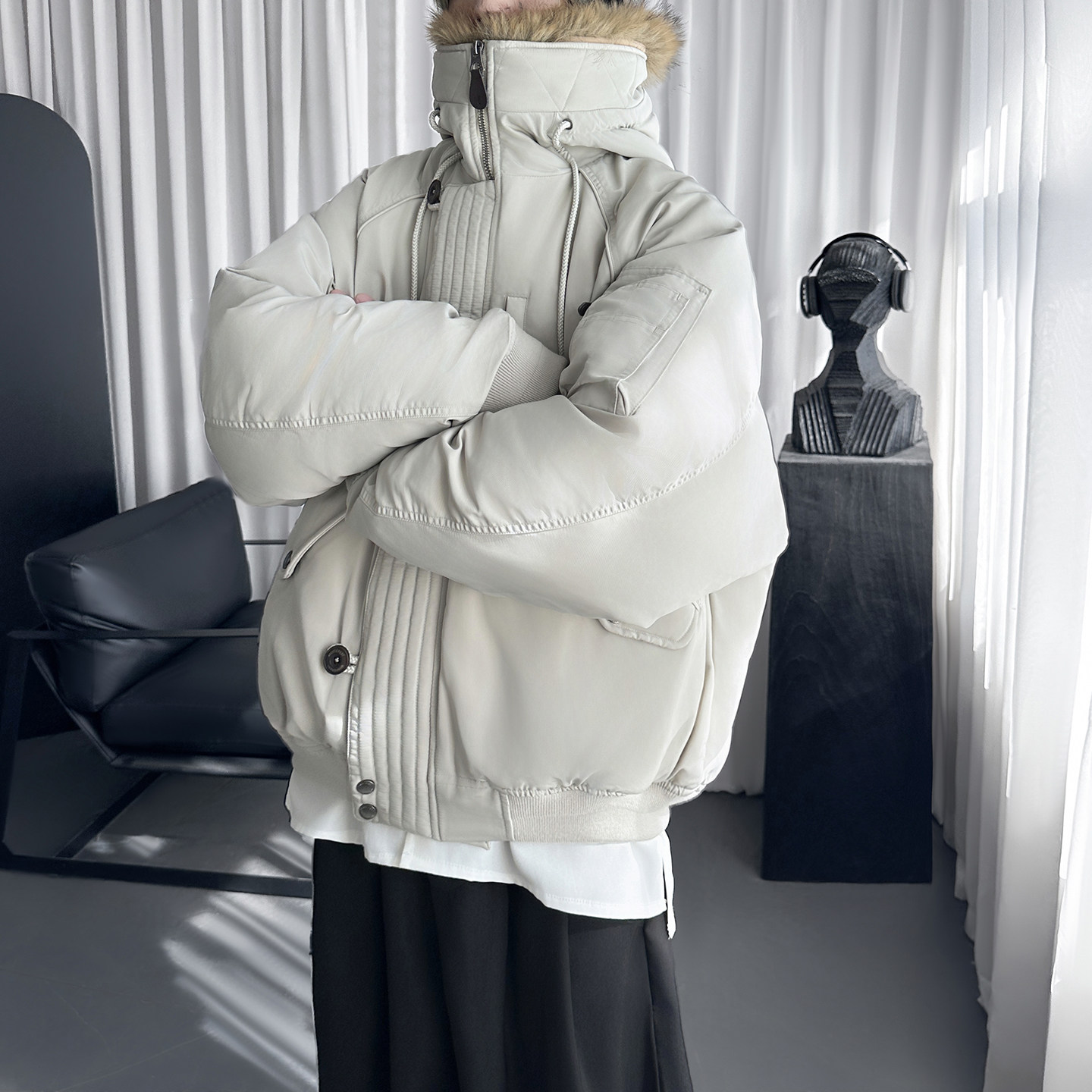 户外防风仿毛领短款宽松工装棉服男M1103-P148,男装棉衣,星座1017