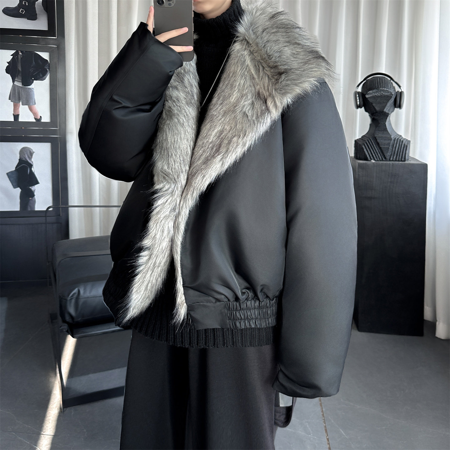 冬季大毛领加厚夹棉黑锻拼接棉服外套M1654-P168,男装棉衣,星座1017