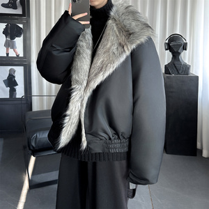 冬季大毛领加厚夹棉黑锻拼接棉服外套 M1654-P168图片