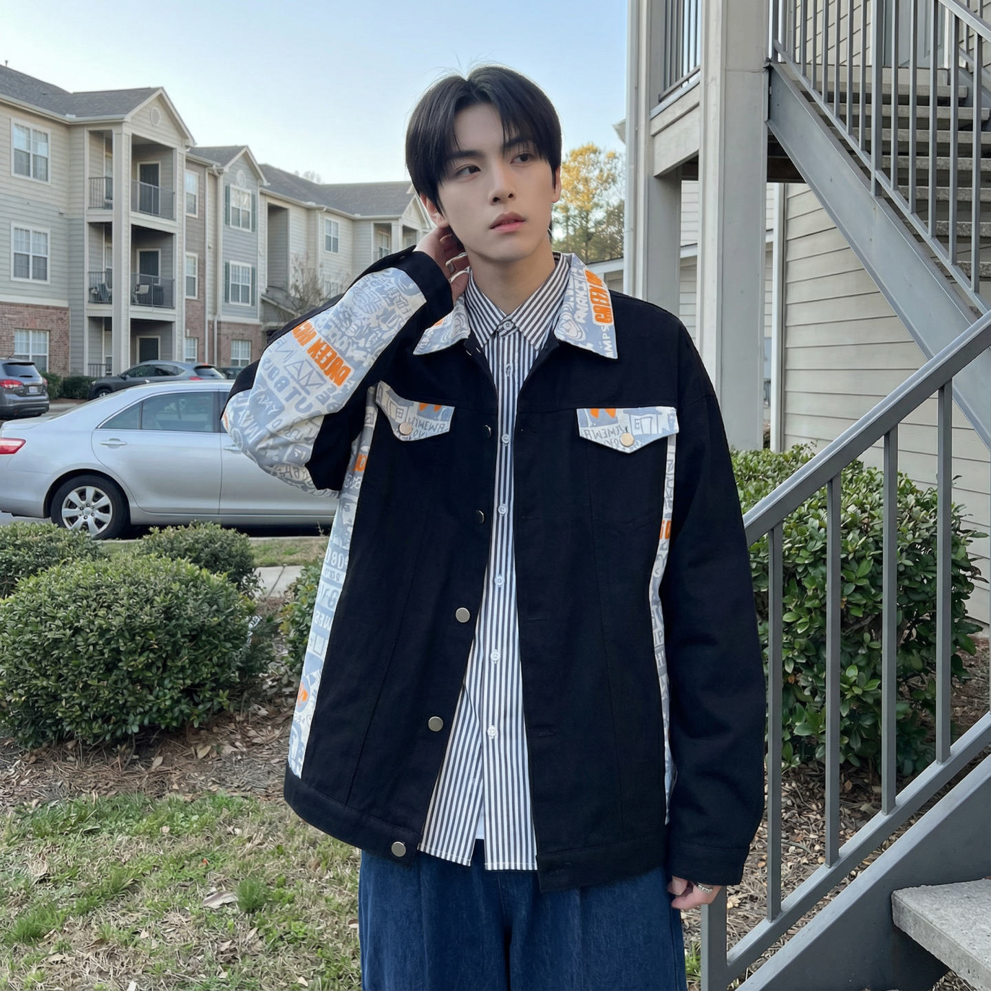 现货2026春季痞帅拼接设计感翻领夹克高级感潮流外套J24-P75，男装夹克，星座1017