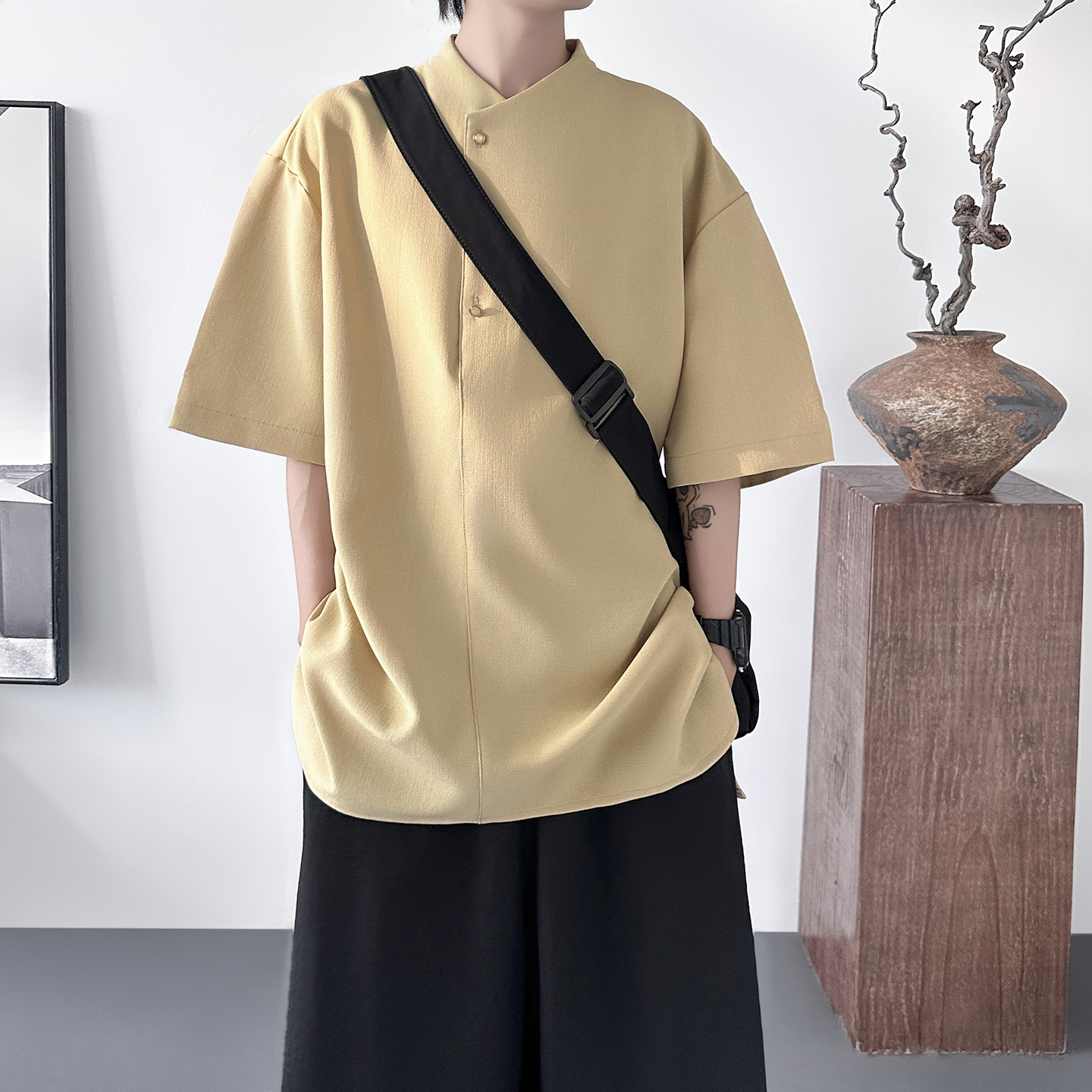 冰丝短袖男夏季韩系穿搭新中式设计宽松慵懒风半袖衬衣Y310-P48，男装T恤，星座1017