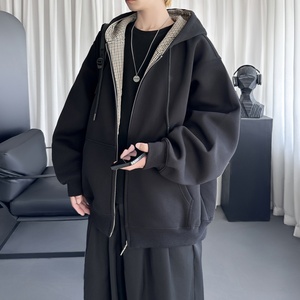 美式复古格子连帽卫衣男女oversize情侣拉链外套 WD406-P68图片