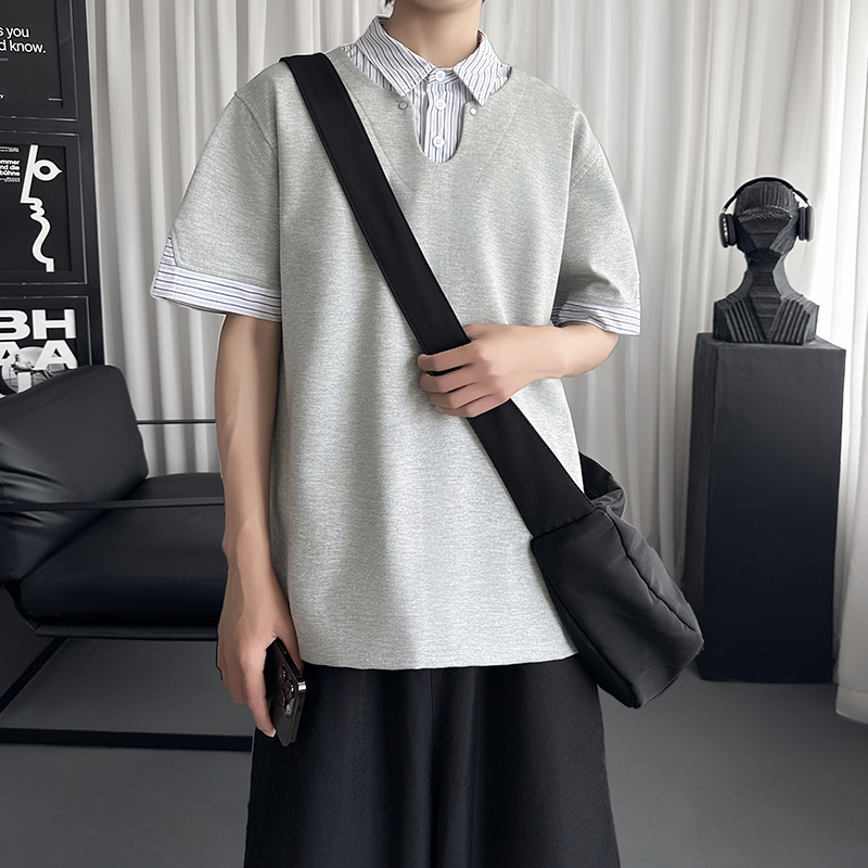 肌理假两件撞色polo领短袖针织衫男女复古上衣潮H5203-P58，商品下架区商品下架区，星座1017