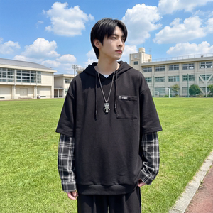 现货春季连帽卫衣男潮牌ins假两件拼接格子慵懒风W8212-P68,卫衣长靴怎样搭配图片