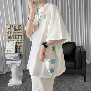 情侣假两件冰丝刺绣短袖t恤男夏薄款美式高街欧美潮牌潮流7七分袖图片
