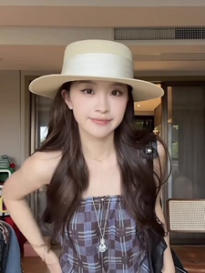 藤姐同款法式优雅草编平顶帽子女夏季氛围感海边度假草帽防晒帽