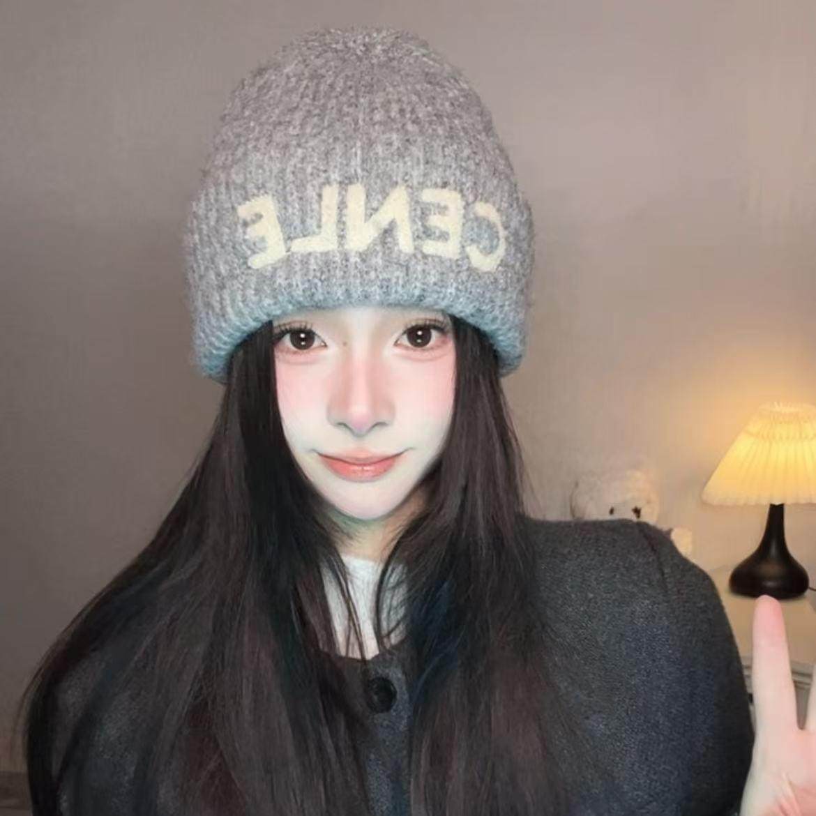 2025新款字母毛线帽保暖护耳防风可爱减龄帽子秋冬针织帽女生冷帽