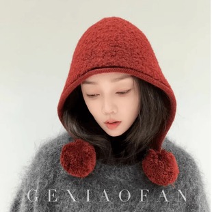 24秋冬/温暖圈圈羊毛100%wool毛球巴拉克法帽女显脸小保暖针织帽