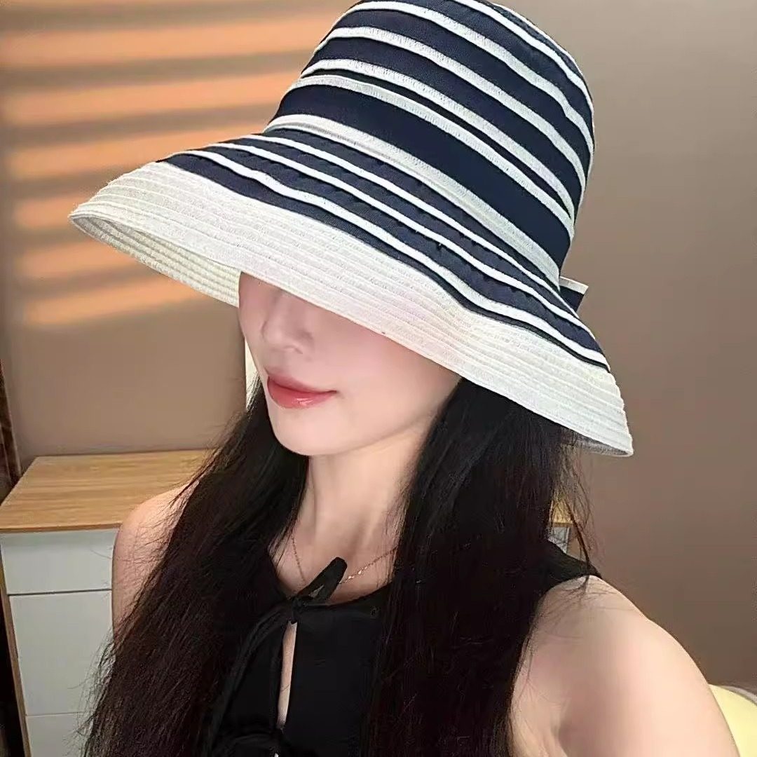 新款蝴蝶结女式太阳帽韩版时尚条纹帽子遮阳帽户外旅游防晒沙滩帽