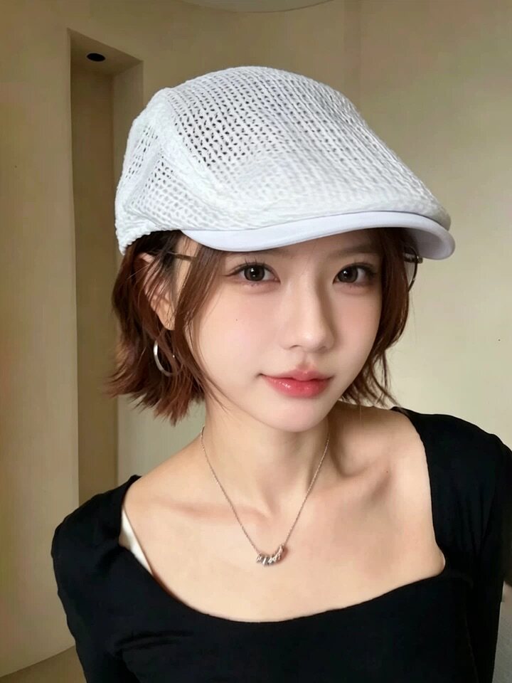 白色镂空针织前进帽女透气网眼短檐报童帽韩系显脸小百搭休闲帽子