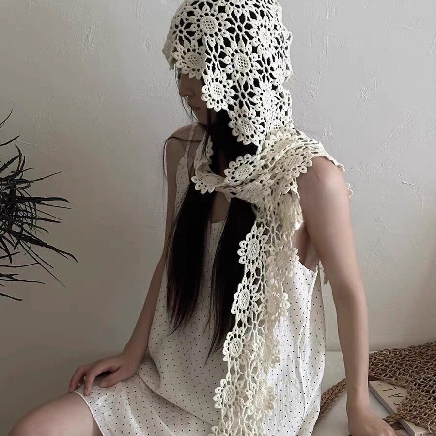 小众设计手工针织镂空花花包头帽子女2025新款时尚蕾丝多用披肩帽