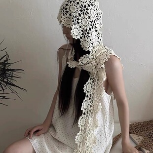 小众设计手工针织镂空花花包头帽子女2025新款时尚蕾丝多用披肩帽