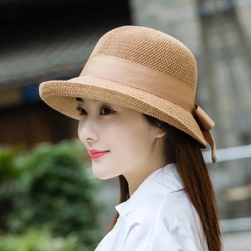 法式蝴蝶结丝带草编遮阳帽女夏季卷边透气防晒度假百搭太阳帽