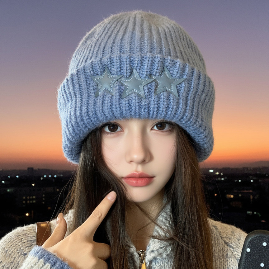 韩系星星蓝色针织帽女冬季保暖毛线帽显脸小套头冷帽三颗星星情侣,服饰配件/皮带/帽子/围巾,帽子,淘宝优惠券,粉丝福利购,淘宝优惠卷