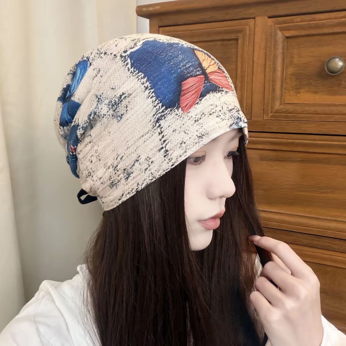 复古油画扎染堆堆帽宽松版型 双面可戴 透气帽子显脸小冷帽头巾帽