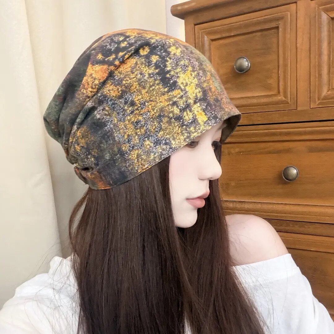 复古小众风油画印花扎染堆堆帽双面可戴透气帽子显脸小冷帽头巾帽