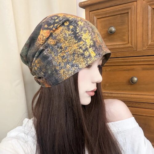 复古小众风油画印花扎染堆堆帽双面可戴透气帽子显脸小冷帽头巾帽