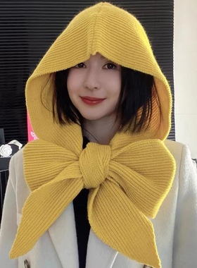 多种戴法加长加大一体围巾帽针织保暖连帽披肩外搭新款绿色毛线帽