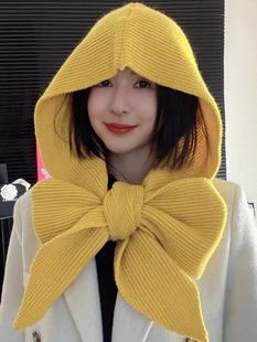 多种戴法加长加大一体围巾帽针织保暖连帽披肩外搭新款绿色毛线帽