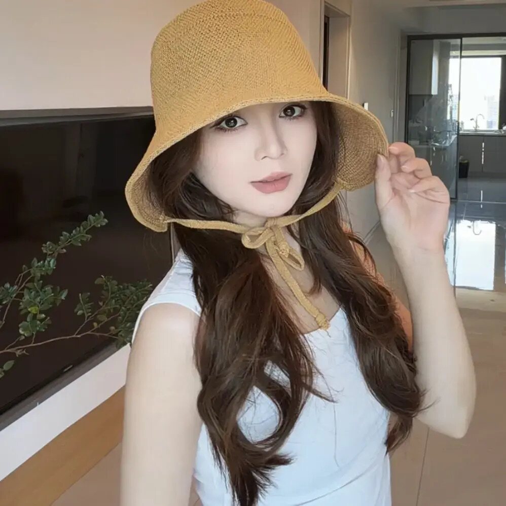 法式可折叠编织渔夫草帽女夏季系带防风 大檐显脸小 度假遮阳帽子