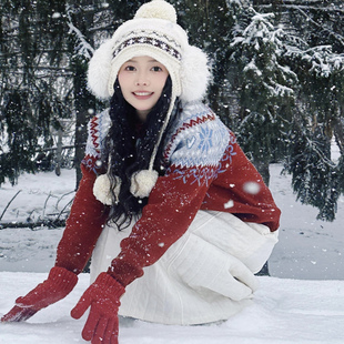 韩版百搭费尔岛帽子女冬季针织毛吊球可爱显脸小护耳保暖毛线帽