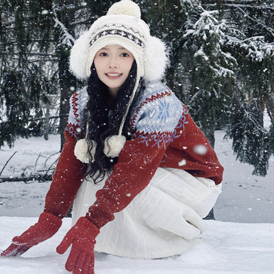 韩版百搭费尔岛帽子女冬季针织毛吊球可爱显脸小护耳保暖毛线帽