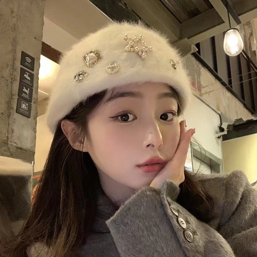 千禧甜妹~精致手工兔毛水钻毛绒贝雷帽女冬时尚画家帽反戴前进帽