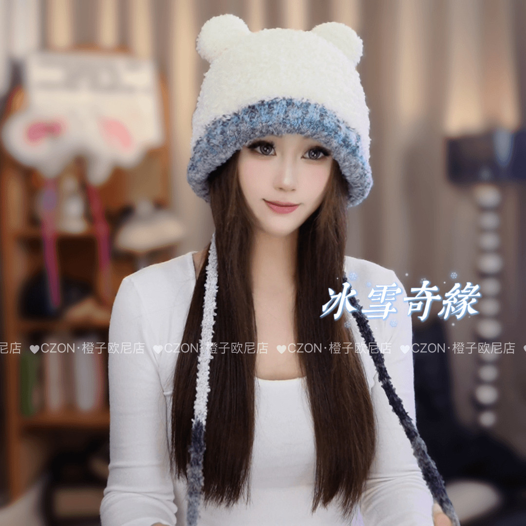 2025款黑加仑黑紫色冰雪奇缘泰迪绒保暖护耳加绒小熊帽毛绒针织帽