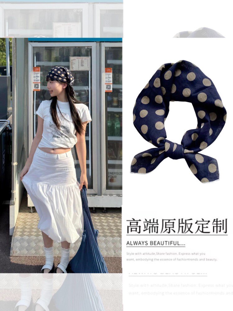 夏季新款波点藏青色方巾时尚百搭护颈围脖外出遮阳防晒头巾配饰女