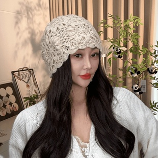 秋冬新款手工钩织风轮花针织帽保暖堆堆帽民族风包头帽百搭毛线帽