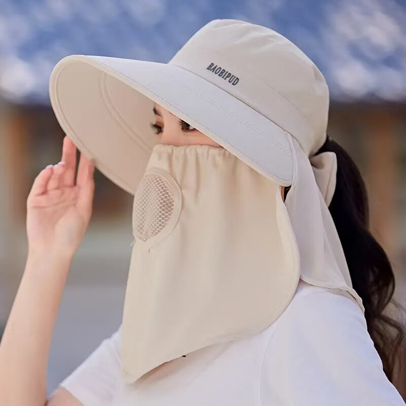一体式全包裹防晒帽女大檐面罩护颈遮阳帽透气网孔紫外线太阳帽