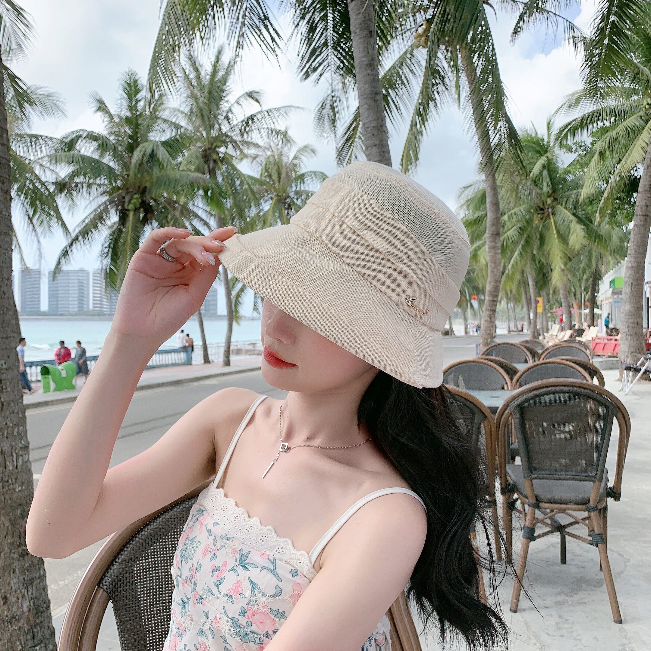 卷边遮脸太阳帽棉麻渔夫帽子女