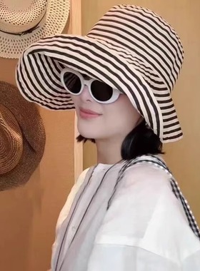 日系可折叠夏季条纹渔夫帽女新款长防晒帽子时尚盆帽大头围太阳帽