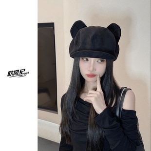 欧风纪韩版复古猫耳朵八角帽子女秋冬保暖护耳画家帽显脸小鸭舌帽