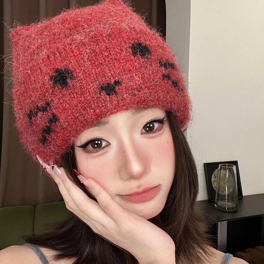 小猫针织帽女秋冬季大头围保暖显脸小帽子可爱百搭毛线帽