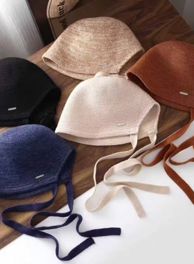 倪妮同款~日本高品质蓝绿色飘带渔夫帽女百搭出游透气显脸小盆帽