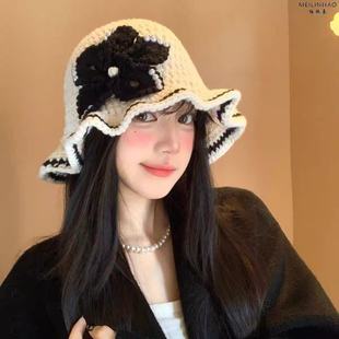 可爱花朵针织渔夫帽女秋冬韩版大头围显脸小保暖盆帽韩系休闲男