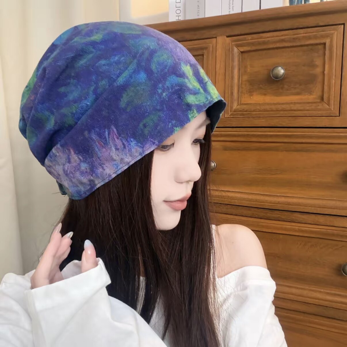 双面戴蝴蝶印花堆堆帽女复古民族风包头帽宽松弹力大头围护头巾帽